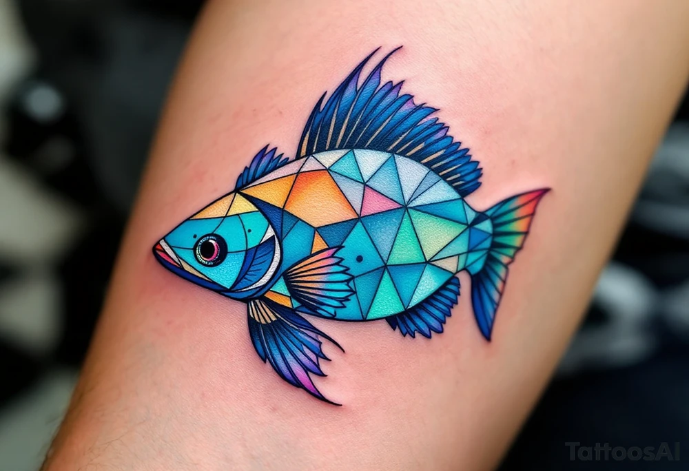 Geometric Catfish – A catfish formed with sharp angular segments in gradient shades of blue, fins segmented with triangle patterns, and a dotwork water base. tattoo idea