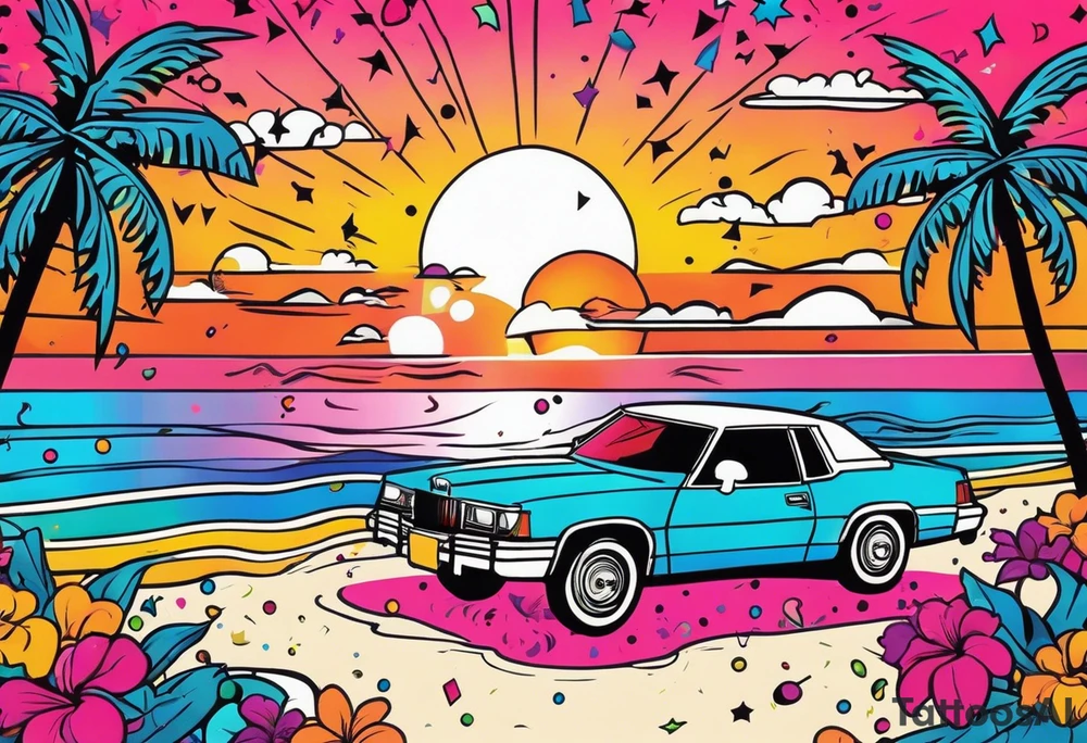 1980's miami vice style beach dance 
party, include confetti, music notes, boom box, bikinis sunset in the center tattoo idea
