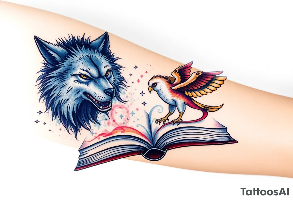 An open book with a werewolf, an owl & a dragon and a phoenix flying/running around the book tattoo idea