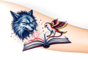 An open book with a werewolf, an owl & a dragon and a phoenix flying/running around the book tattoo idea
