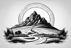 Create a tattoo of a flat topped rock Ebenezer with a base under the ground line that is pointed and deep, surrounded by freshly tilled and raked soil ready to be planted tattoo idea