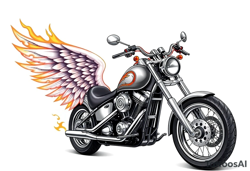 Low rider grey motorcycle, flames, angel wings tattoo idea