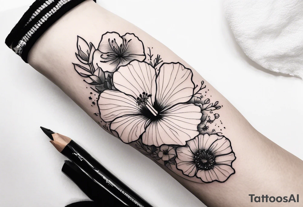Hibiscus with wildflowers, poppy, complimentary flowers, bees, forearm tattoo idea