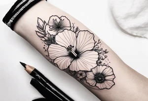 Hibiscus with wildflowers, poppy, complimentary flowers, bees, forearm tattoo idea