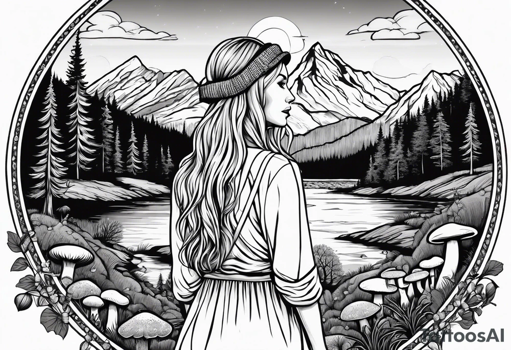 Whole picture encircled fully

Straight long blonde hair hippie girl in distance holding mushrooms in hand facing away toward mountains and creek surrounded by mushrooms long sleeve shirt and hiking pants; whole rendering within a full circle, no cut off circle tattoo idea