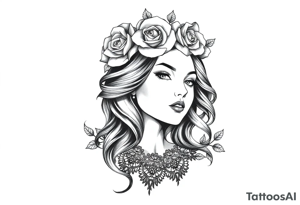 Bold vibrant gothic but also elegant and majestic wearing a rose crown also lace underneath tattoo idea