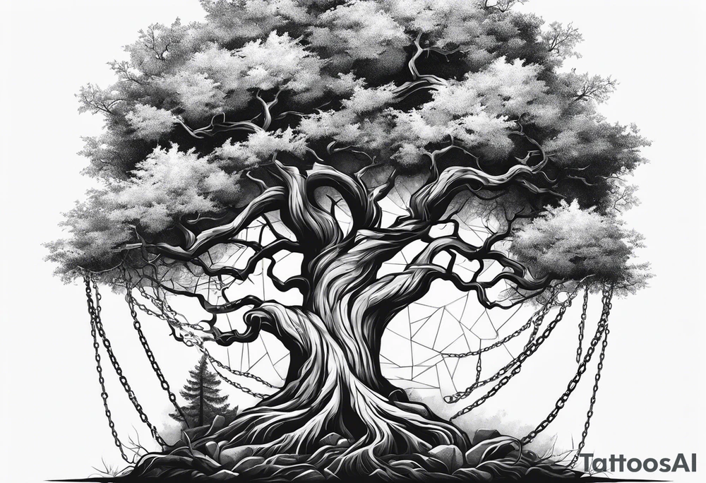 tattoo fool sleeve, tree roots break out of the chains at the bottom of the hand tattoo idea