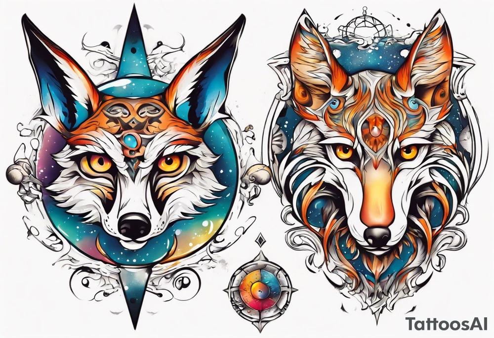 fisch, fuchs und eule , symetrie universum, bunt tattoo idea