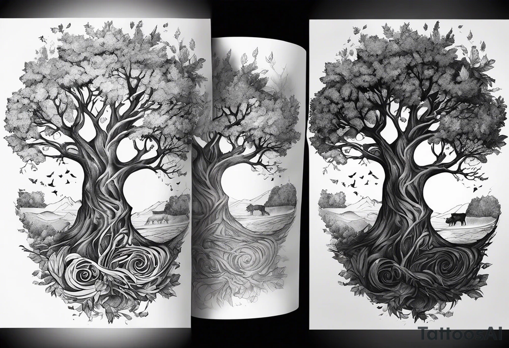 Tattoo of the norse world tree, vertically one half is rotten while the other half is full of leaves. At the base there is a shadow of a dog seen tattoo idea