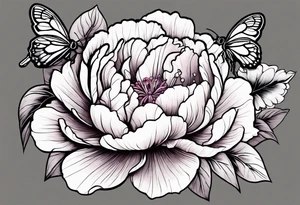 Vibrant peony with hydrangea and petunias and blossoms and foliage and a ladybug and a bee tattoo idea