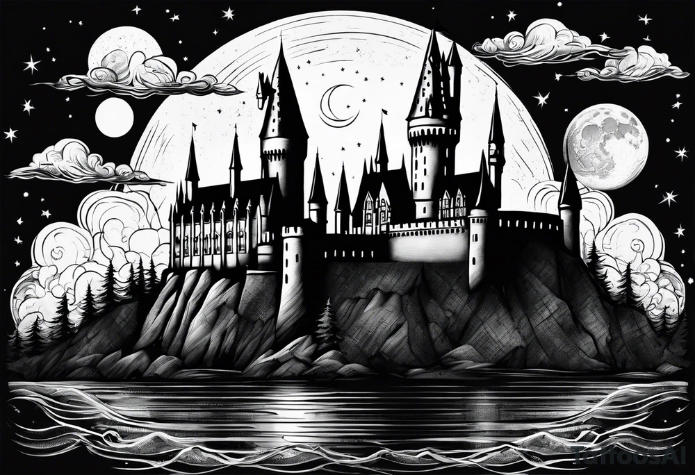 Hogwarts Castle with water around it and the moon in the sky tattoo idea