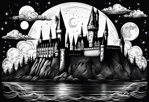 Hogwarts Castle with water around it and the moon in the sky tattoo idea