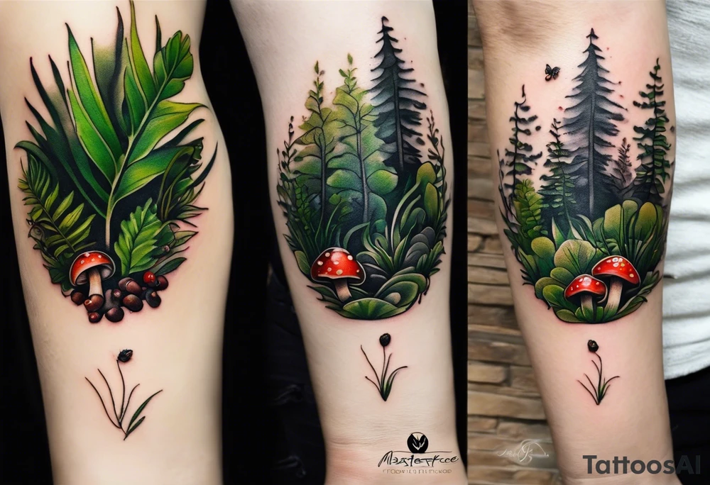 minimalistic forest floor inspired tattoo, which includes grass, moss, curly ferns and dead leaves as the bulk of the tattoo. details to include: forest berries, couple of very small brown mushrooms, a tiny bumblebee flying nearby tattoo idea