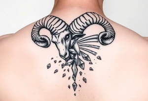 Capricorn ram breaking an unbreakable Simon’s that has fragments of rainbow coming of the diamond pieces tattoo idea