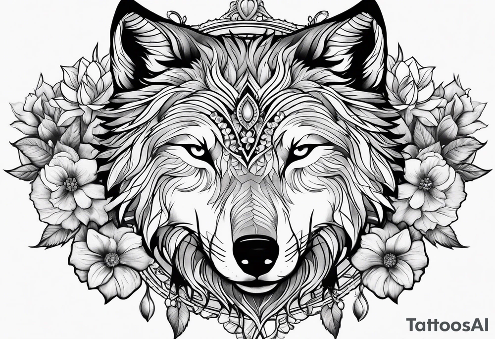 Wolf with flowers tattoo idea