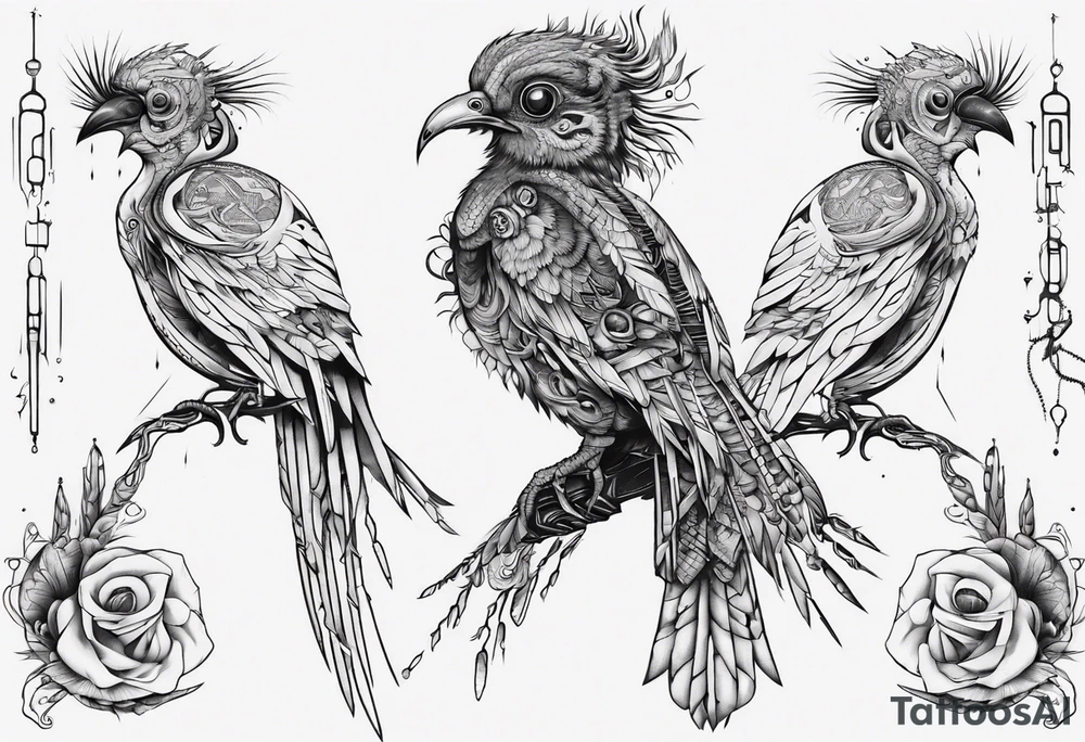 Cyberpunk Guatemalan Quetzal bird with Neurons tattoo idea