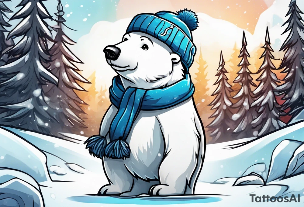 Polar bear standing up wearing a winter hat and snow goggles tattoo idea