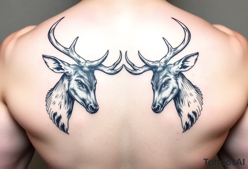 Full body Two deer with their heads down hitting horns to show dominance. tattoo idea