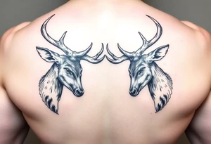 Full body Two deer with their heads down hitting horns to show dominance. tattoo idea