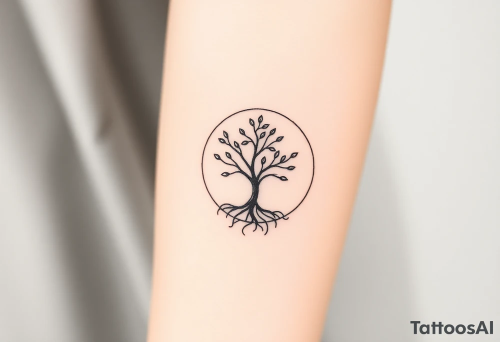 A tree inside of a circle, with few leaves, with an outward spiral line (moving to the right), as its roots, encircling the entire tree tattoo idea