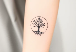 A tree inside of a circle, with few leaves, with an outward spiral line (moving to the right), as its roots, encircling the entire tree tattoo idea