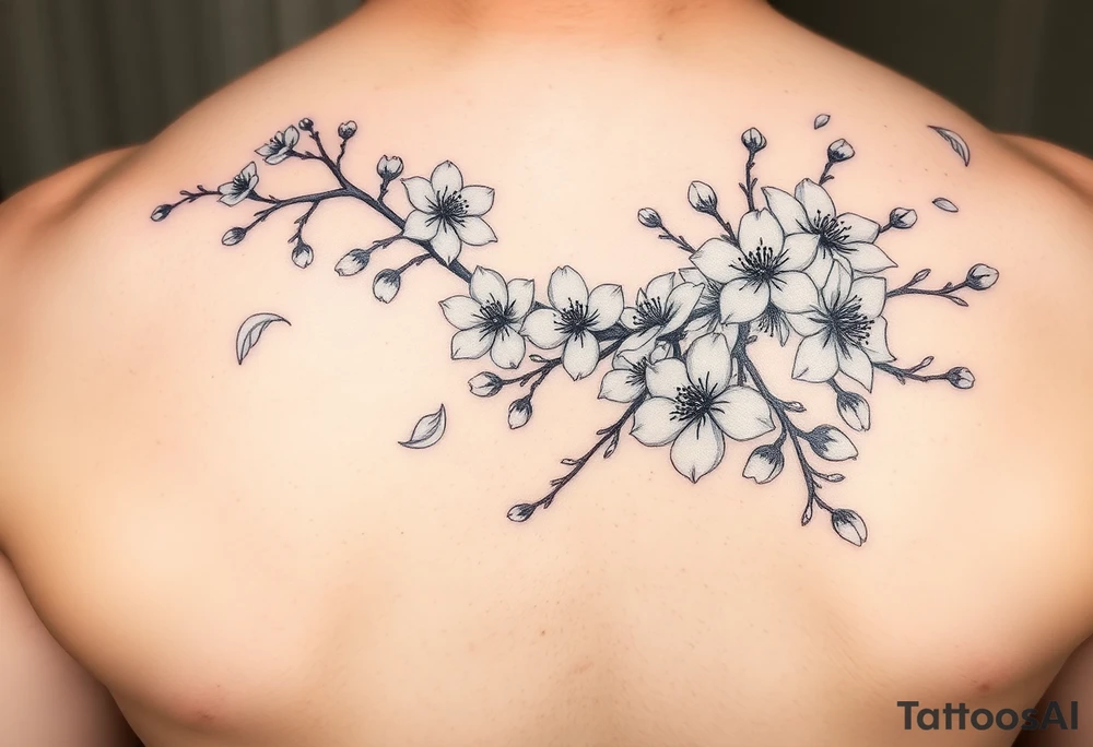 delicate cherry blossoms swirling in spring breeze with petals tattoo idea