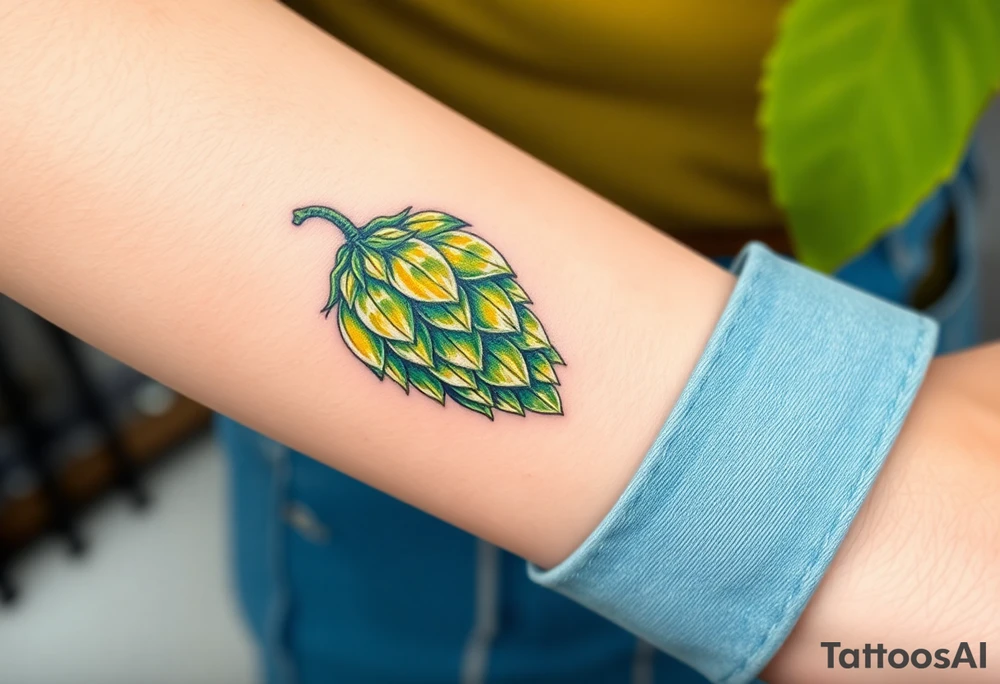 A detailed hop cone with deep green and golden hues, wrapped in barley stalks, symbolizing the essence of brewing tattoo idea