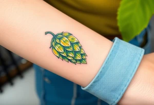 A detailed hop cone with deep green and golden hues, wrapped in barley stalks, symbolizing the essence of brewing tattoo idea