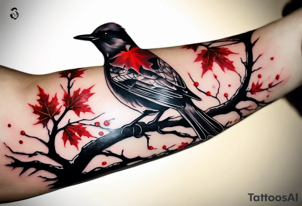 trash polka style. Arm tattoo. Long tattoo. Full sleeve. Shoulder. A single large maple tree with red autumn leaves that branches upwards from wrist to shoulder. White-throated dipper bird on the trees branches. Calluna flowers at the base of the trees stem. Tree stem has dark colors. Red/yellow sunset behind the trees stem. Leaves falling. tattoo idea