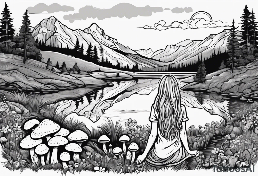 Straight long blonde hair hippie girl in distance holding mushrooms in hand facing away toward mountains and creek surrounded by mushrooms tee shirt and hiking pants tattoo idea