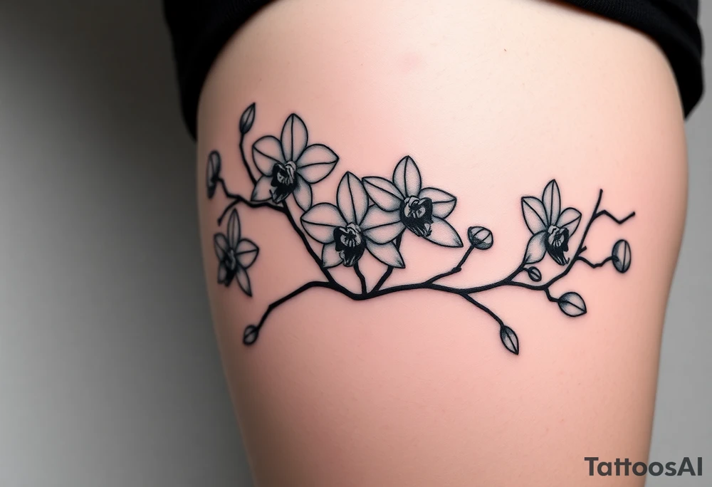 Five delicate fine line orchids different size realistic and a mix of vagina. Are connected with branches tattoo idea