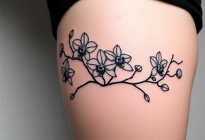 Five delicate fine line orchids different size realistic and a mix of vagina. Are connected with branches tattoo idea