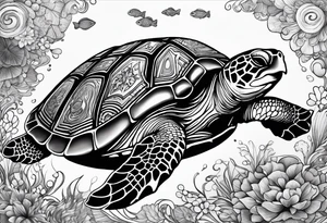 A serene turtle swimming underwater, detailed shell patterns visible, symbolizing patience and longevity.” tattoo idea