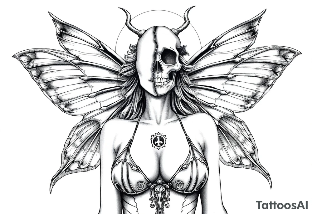 ethereal lunar moth resemblance powerfully sexy depiction of the goddess estate nude full frontal with exotic erotic lingerie orgasmic stare realistic the hottest depiction of the goddess of Love and war basking in the sun high above half of face is skeleton the other half beautiful tattoo idea