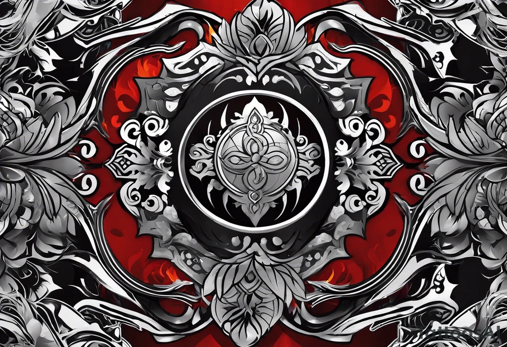 Arm sleeve, black, gray, silver, red, tribal, include elements of fire, include elements of motorcycles, include elements of  Folkstyle wrestling tattoo idea