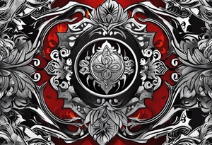Arm sleeve, black, gray, silver, red, tribal, include elements of fire, include elements of motorcycles, include elements of  Folkstyle wrestling tattoo idea