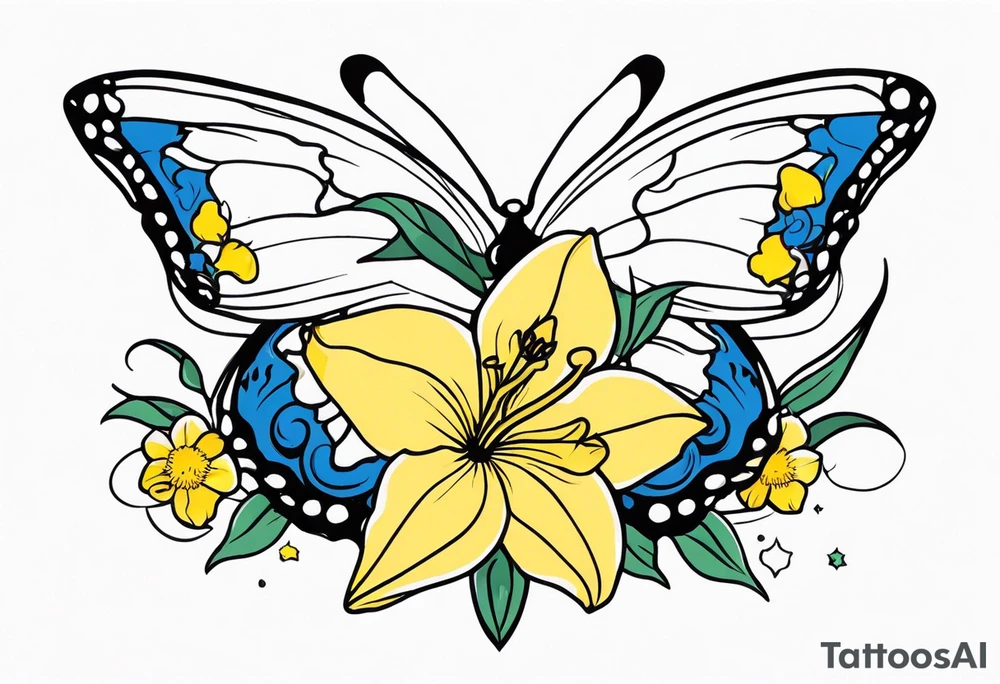 Butterfly and star and daffodils and morning glory tattoo idea