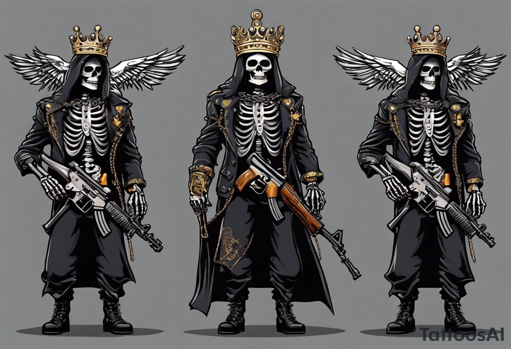 image of a skeleton standing frontally with a crown on his head, holding an AK-47 on his shoulder with his right hand. The chain on the left should be taut, there are three angry barking Dobermans in it, near the waist tattoo idea