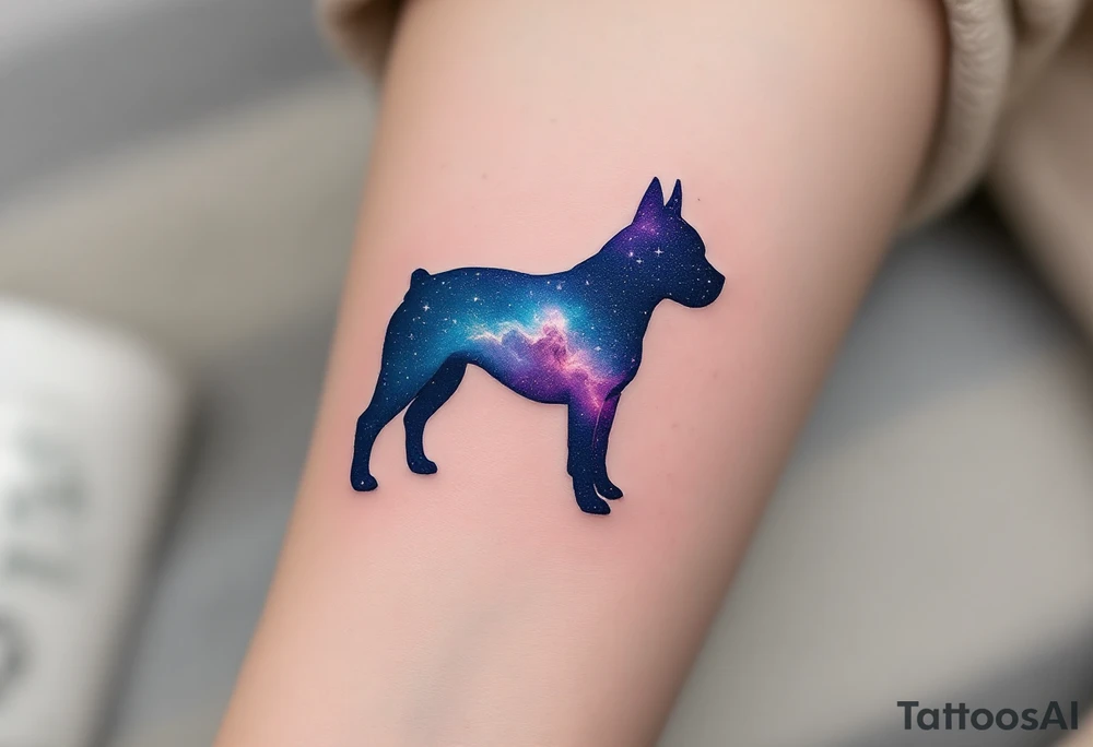 Galaxy Stafford – A silhouette of a Staffordshire Bull Terrier filled with a deep purple and midnight blue starry sky, symbolizing their cosmic bond with you. tattoo idea