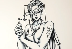 Fortuna's card as a beautiful woman with eyes covered with material, holds a scale in her hands. This character have to be in a card/frame. Do this woman without named tattoo idea