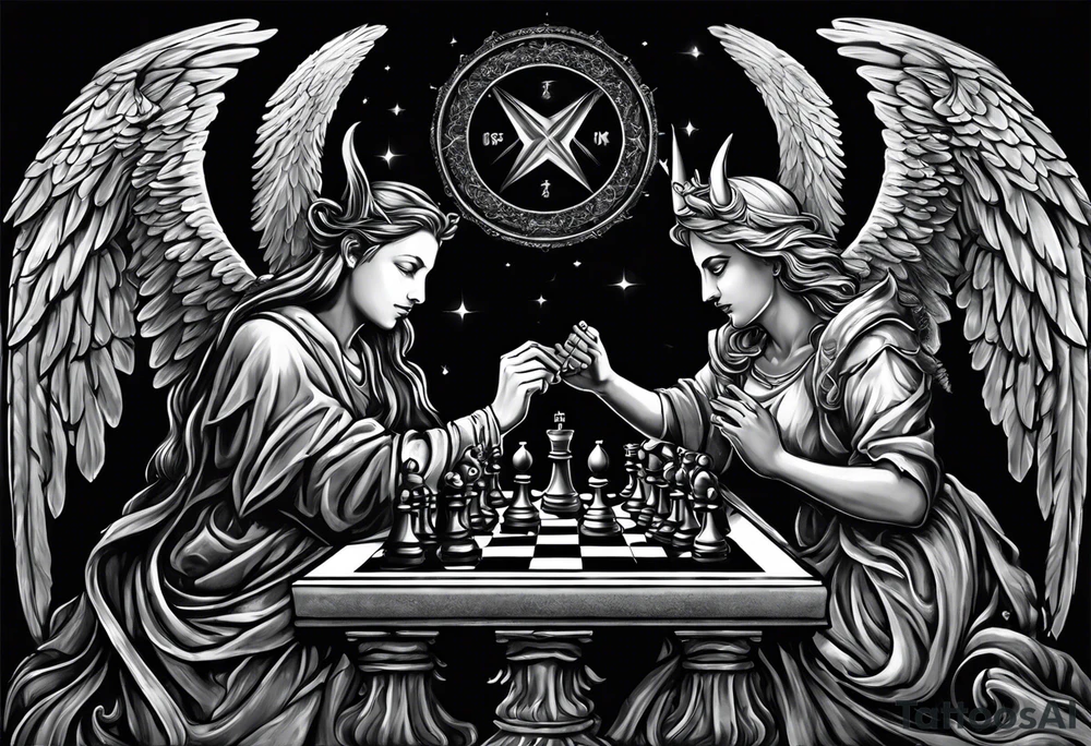 Depict an angel and devil engaged in a chess game, with the chessboard reflecting the cosmic battleground between good and evil, symbolizing the strategic nature of the eternal conflict. tattoo idea