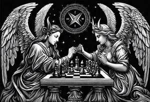 Depict an angel and devil engaged in a chess game, with the chessboard reflecting the cosmic battleground between good and evil, symbolizing the strategic nature of the eternal conflict. tattoo idea