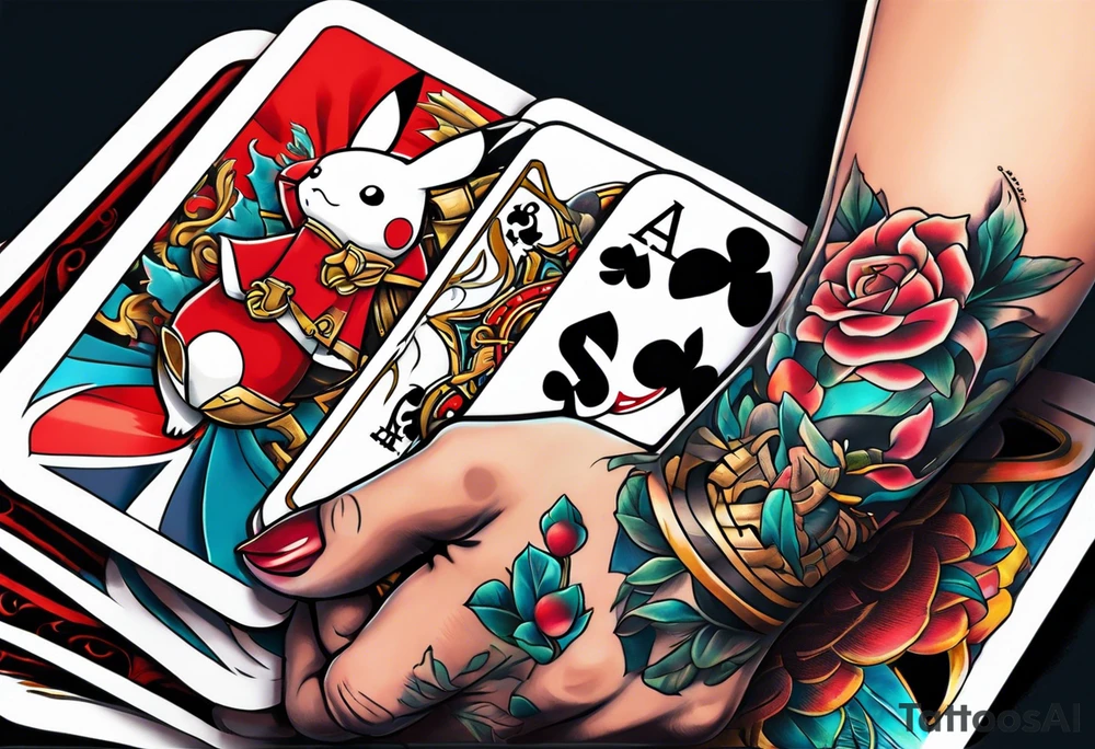 Hand with old school tattoos holding pokemon cards tattoo idea