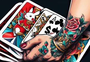 Hand with old school tattoos holding pokemon cards tattoo idea