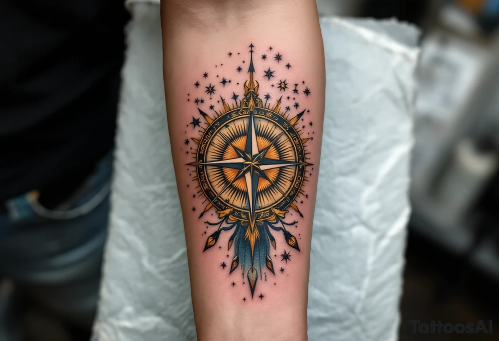 A vintage-style celestial tattoo featuring Sagittarius stars constellation, a compass, and golden sunbursts on a parchment-colored background. tattoo idea