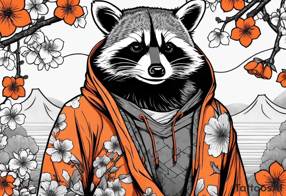 raccoon wearing a Superman hoodie with orange Japanese cherry blossoms tattoo idea