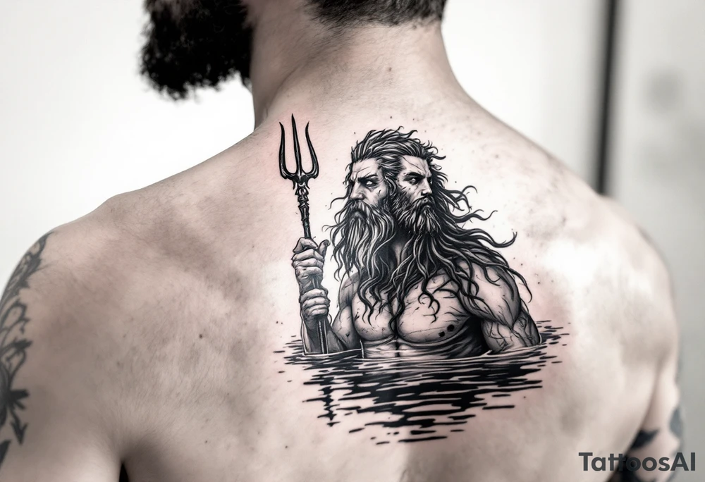 fit poseidon, with trident, in calm water, looking at the sky tattoo idea
