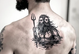 fit poseidon, with trident, in calm water, looking at the sky tattoo idea