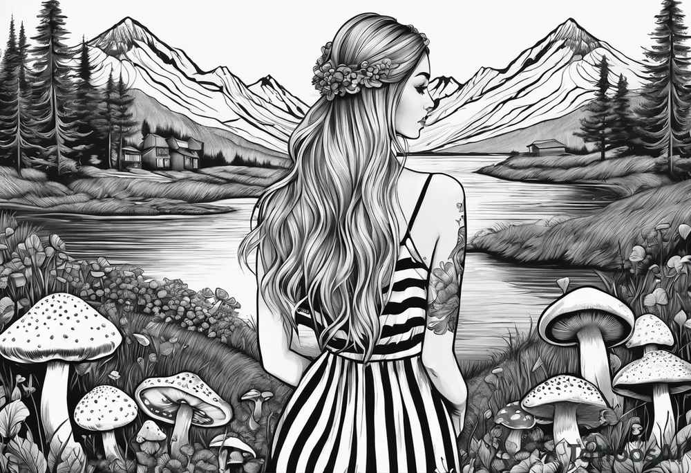Straight long blonde hair hippie girl in distance holding mushrooms in hand facing away toward mountains and creek surrounded by mushrooms black and white striped dress tattoo idea