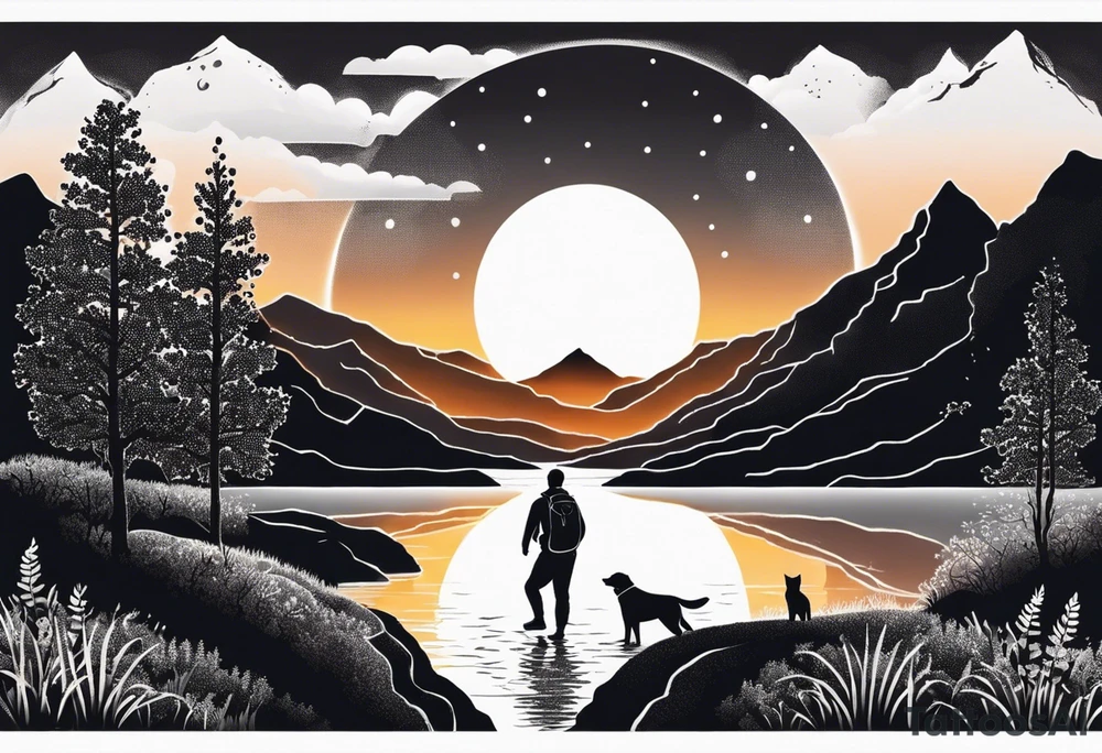 nature, sunset, mountains, a father and son hiking with their dog and cat 
by the water tattoo idea